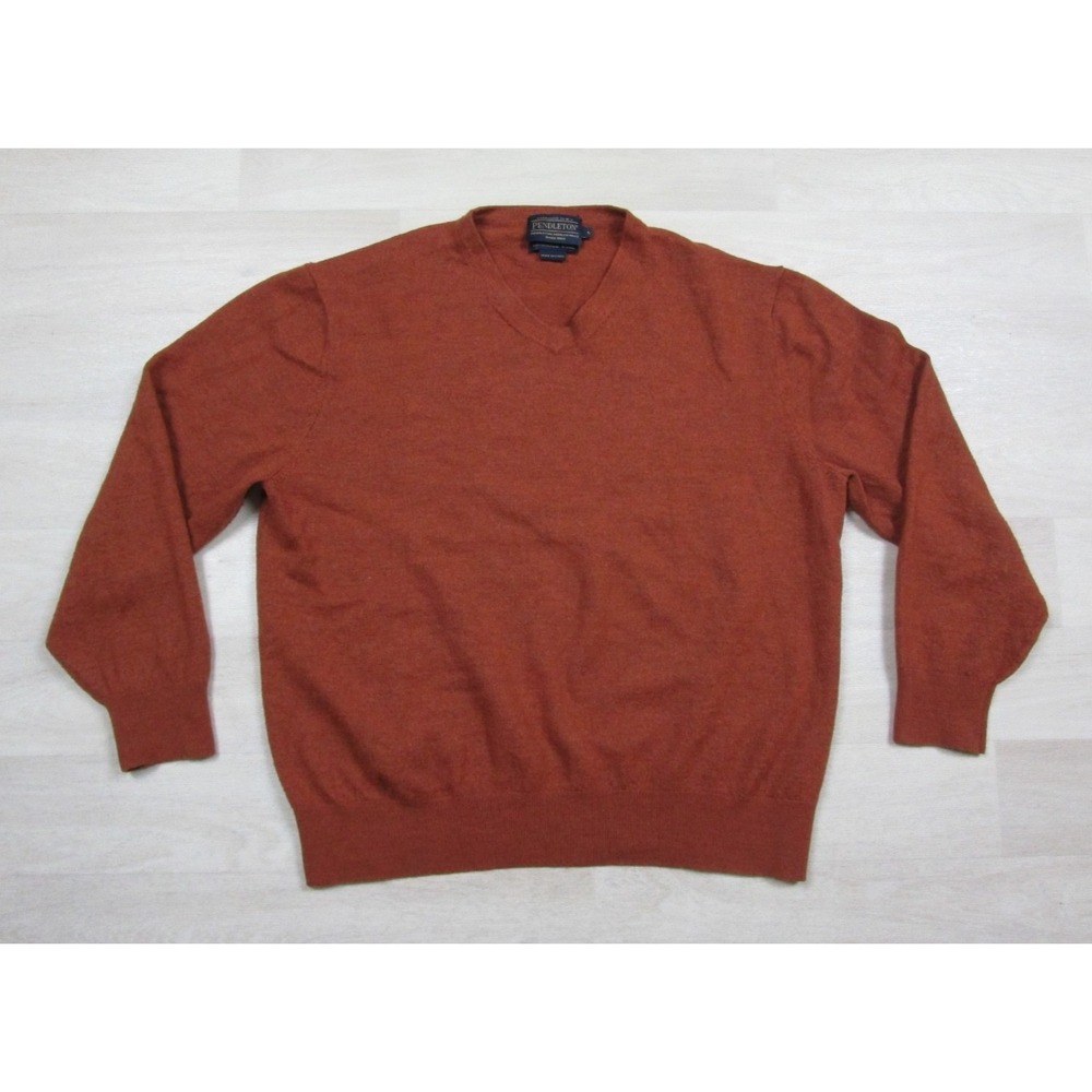 Pendleton Washable‎ Wool V-Neck Sweater Men's (L) 100% Merino Wool Orange